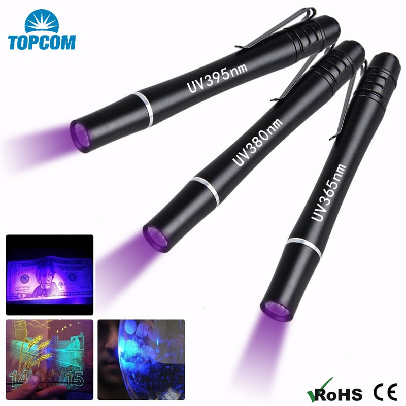 TopCom Mini Pocket LED UV Light 395nM 380nM 365nM Ultraviolet Penlight Aluminum Alloy UV Pen Flashlight With Clip Money Detect